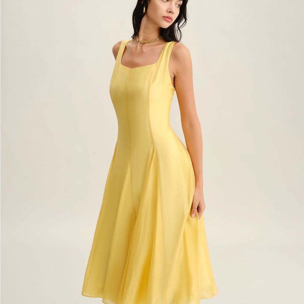 Yellow Square Neck Pleated Slip Midi Dress - Picture 2 of 7